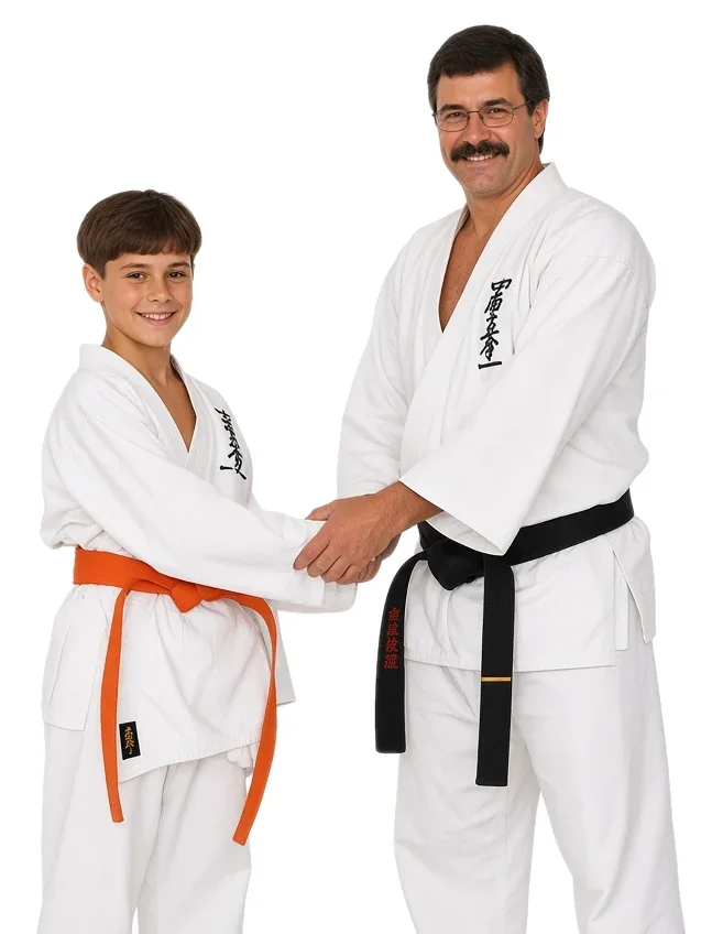 Alexandre Haché de niño recibe su cinturón naranja de Sensei Richard Poulin