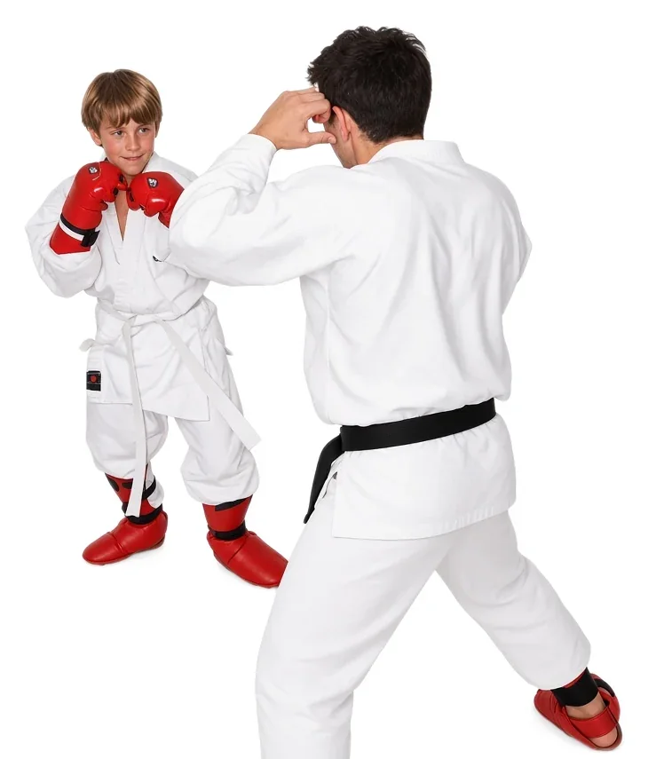 Alexandre Haché de niño en combate, con guantes y protectores de pie