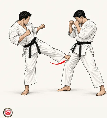 Coup de pied bas, intérieur de la cuisse — technique permise