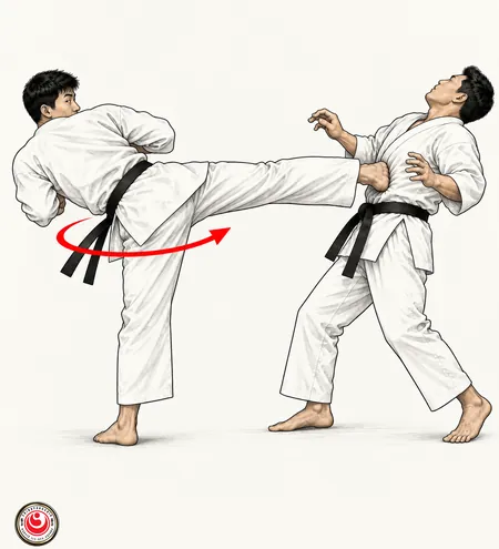 Coup de pied arrière avec rotation — technique permise