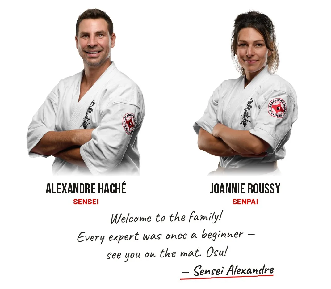 Sensei Alexandre Haché and Senpai Joannie Roussy, the dojo’s instructors, with the message “Welcome to the family! Every expert was once a beginner, see you on the mat. Osu!”